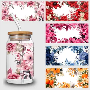 5 sheets flowers UV DTF Cup sticker, glass movement DTF transfer decal, waterproof wipe transfer paper, suitable for 16 oz glass, CUP, crafts, furniture