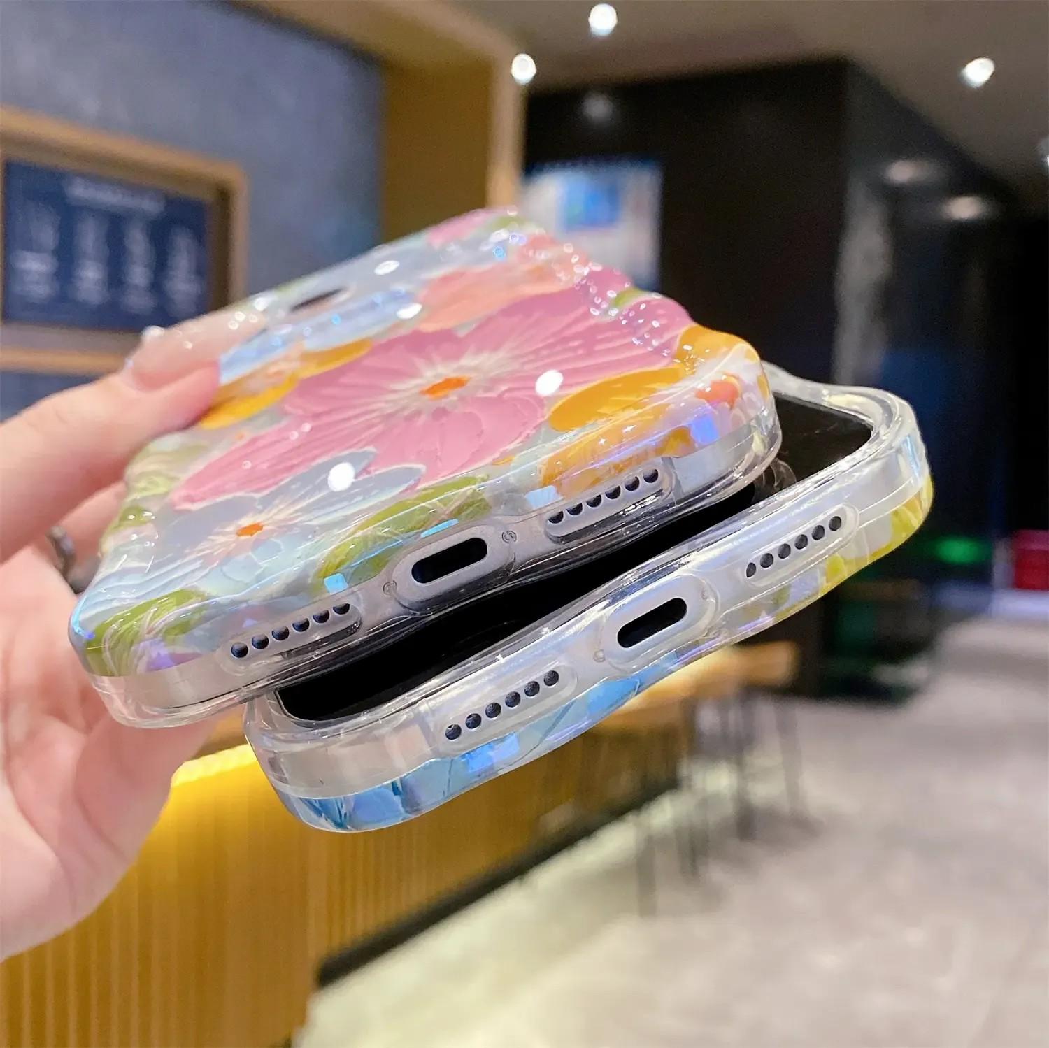 Laser Colorful Retro Oil Painting Flower Pattern for iPhone 17 Pro Max/17 Air 16 15 14 13 Pro Cute Curly Wave Frame Exquisite Phone Case for Girls Women, Shockproof TPU Protective Phone Cover