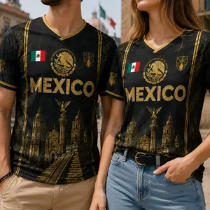 Men's Short-Sleeve 2026 Mexican Soccer Jersey - Black Gold Aztec Eagle, Chichén Itzá Pyramid V-Neck, Retro All-Over Print Sports Top for Women Menswear Tshirt Streetwear Crewneck