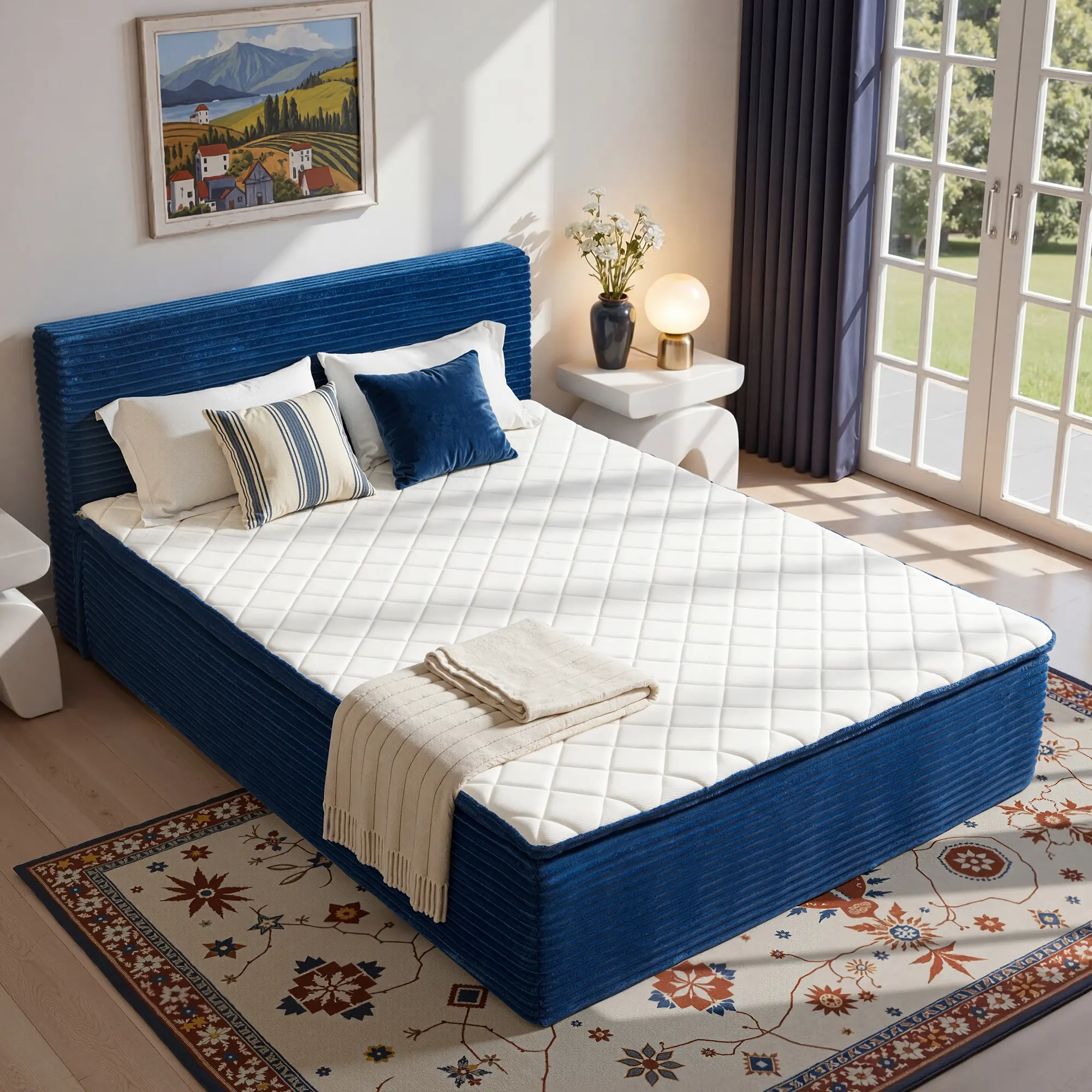 CAODOC 2-in-1 Queen/Full/Twin Size Upholstered Platform Bed with Headboard, Modern Floor Bed Queen, Compression Bed, No Assembly Required, 16.7" Bed Frame, Plush Corduroy Fabric Mattress,Bed in A Box Gift for RV, Bedroom,Guest Room,Pavilion,Apartment