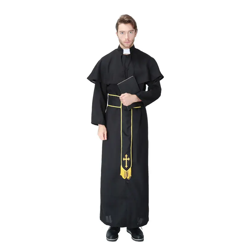 Men's Classic Priest Tunic Set with Cape & Accessories, Breathable Rayon Blend Fabric with an Adjustable Fit for Halloween Festival, Elegant, Clothes, Linen, Polyester Blend, Vintage Distressing, Hook And Loop, Adult Role-Play, Collarless, Traditional, Re
