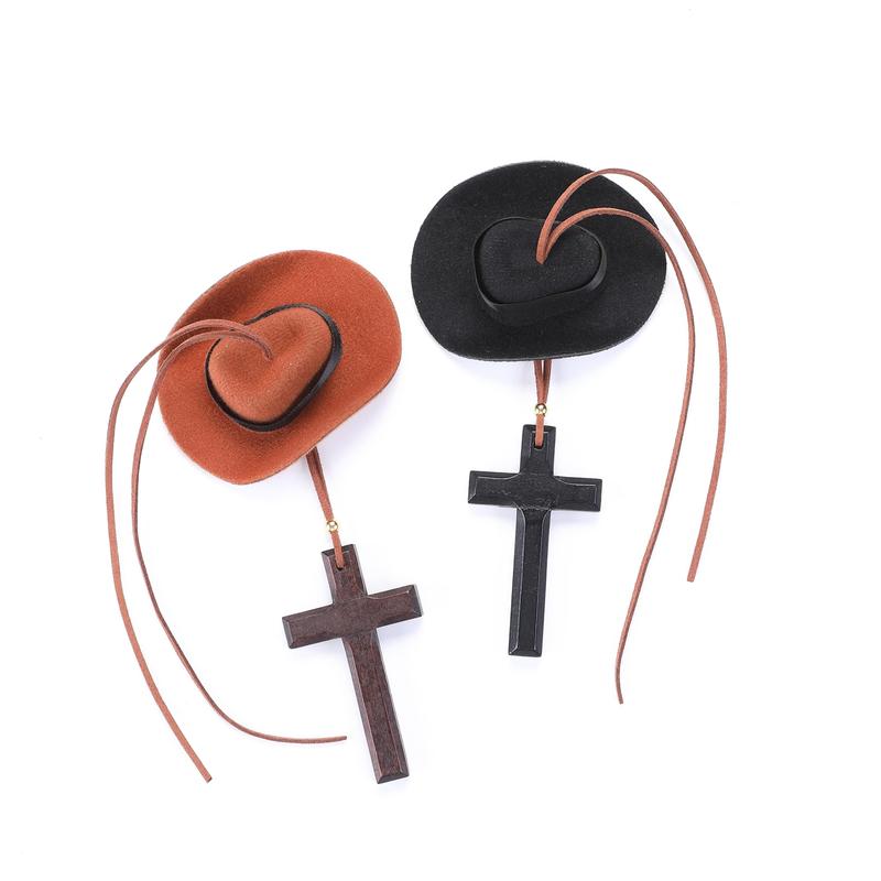JOYTUTUS Denim-Style Cowboy Hat Cross Rearview Mirror Ornament - Faith Symbol with God Bless God's Child Note, Unisex Car Interior Decoration Accessory, Meaningful Gift Idea for Loved Ones