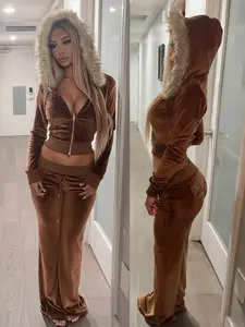 Women's Plush Hooded Velvet Jacket & Long Pants Set, Streetwear Casual Long Sleeve Short Cropped Jacket and Low Waist Sweatpants Set