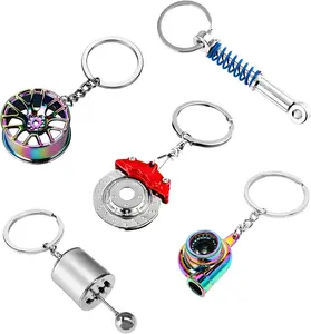 5 PCS Car Parts Model Key Chains Metal Turbo Keychain Set Trendy Shock Absorbent Car Parts Key Chain for Men Women Red Silver