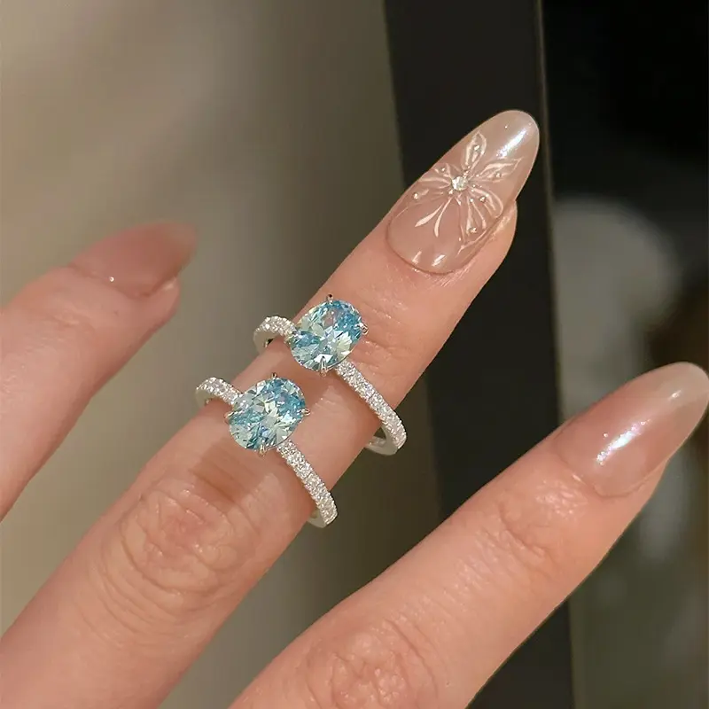 Loveden Oval Shaped S925 Sterling Silver Aquamarine Color Super Sparkling High Carbon Diamond Ring for Women Exquisite Elegant Oval Engagement Wedding Promise Ring Charm Jewelry Accessories