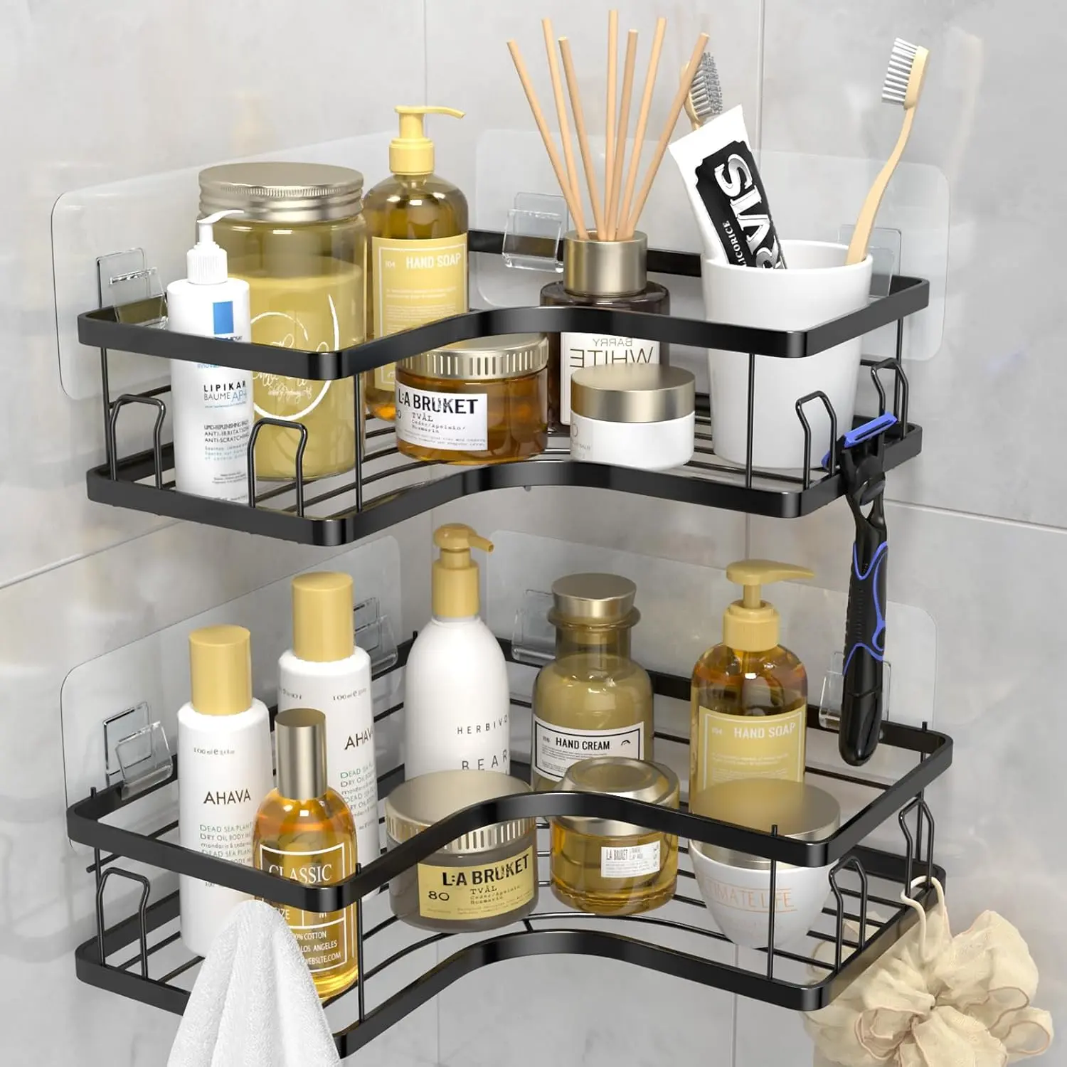 Corner Shower Caddy, 2 Pack Adhesive Bathroom Shower Organizer, No Drilling Black Shower Shelf for Inside Storage Rack Shampoo Holder Stainless Wall