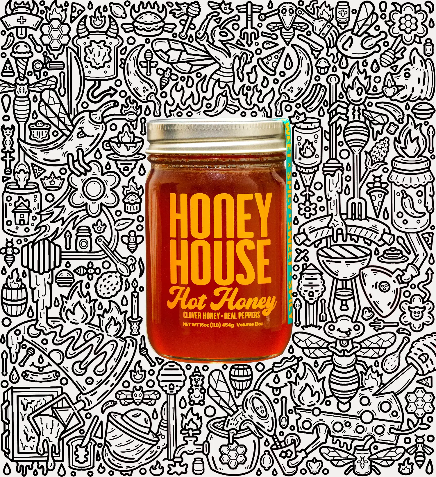 Honey House Hot Honey: 100% Raw, Pure & Unfiltered American Clover Honey with a KICK!  All-NATURAL ingredients, NO seed oils, NO additives - just premium honey from American Bee Farmers with perfect spicy heat. Sweet