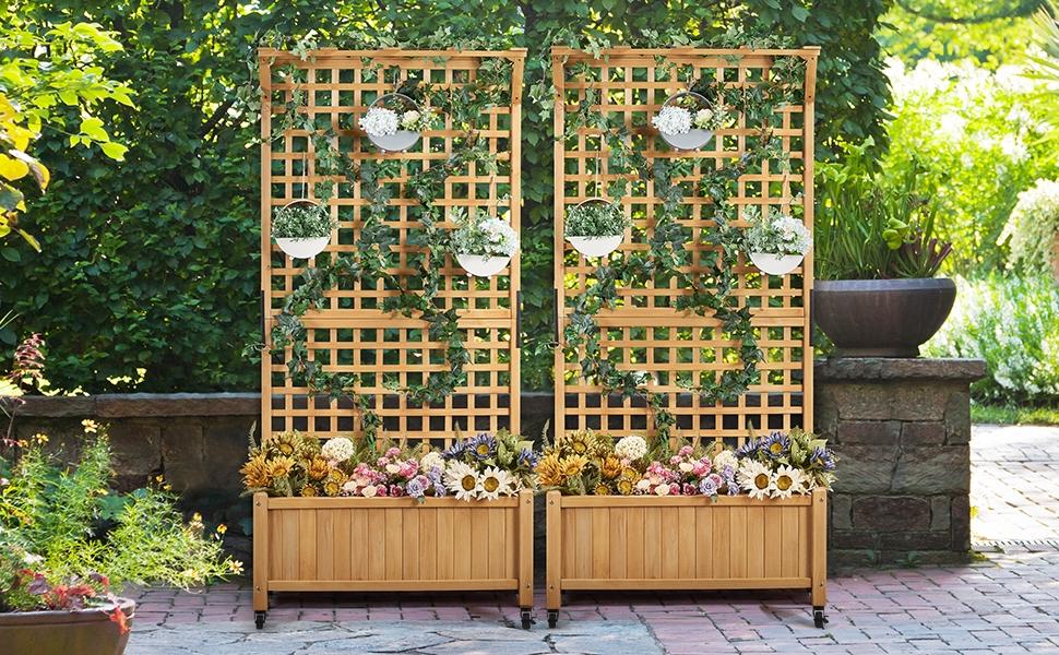 【4 Universal Castors】Yaheetech 75/50" H Horticulture Garden Planter with Trellis for Vine Climbing Plants Garden Box Outdoor w/Drainage Holes Raised Garden Bed Garden Planter Box for Flowers