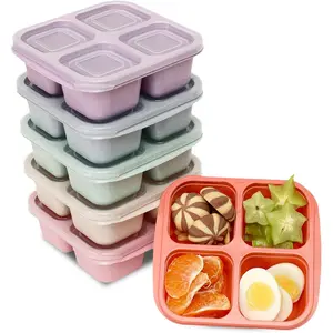 6 Pack Reusable 4 Compartment Snack Containers, Divided Bento Meal Prep Lunch Containers for Adults Kids Toddler, Food Containers for Travel Work School