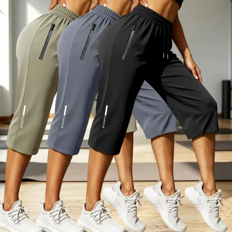 Women's 3-Pack Fashion Casual Athletic Track Pants Set - Female, Loose-Fitting, Breathable Summer Fabric, Reflective Striped Print, Normal Type - For Everyday Wear, Outdoor Activities