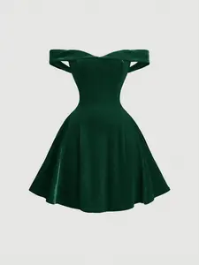 Dark Green Mini Dress - Elegant Off-Shoulder A-Line for Women, Sleeveless, High-Waisted, High-Stretch Knitted Fabric, Machine Washable, Perfect for Graduation Season