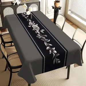 JIT 1pc 2D flat gray-black vintage pattern Design floral rectangular tablecloth, for kitchen, living room, and dining table, kitchen accessory, party, room & outdoor decorative tablecloth, a tablecloth gift for friends, Rectangle tablecloth