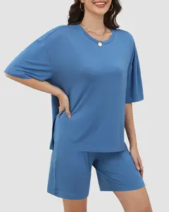 VILIGO Women's Casual Two-Piece Set Oversized Crewneck Split Hem Shirt & Biker Shorts Matching Lounge Outfit Basic Loungewear Pajamas in Blue Half Sleeve Above the Knee Minimalist Style Summer Wear Nightwear Elegance Everyday