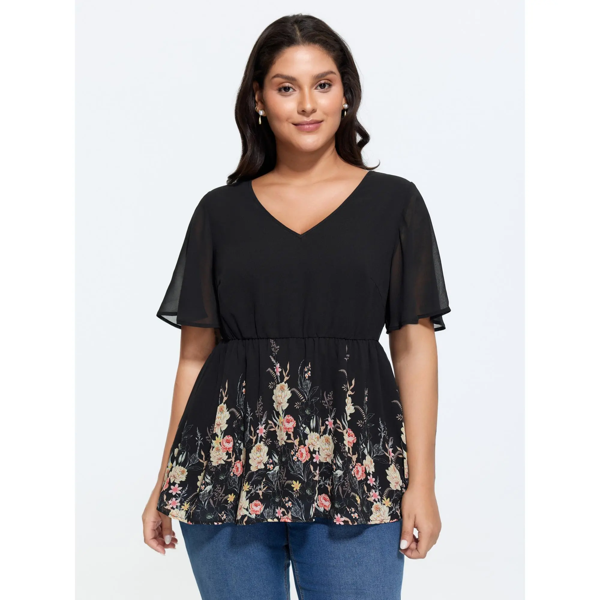 BloomChic Women's Plus Size Romantic Floral Polyester Blouse with V-Neck and Flutter Sleeves, Fit-and-Flare Top, Plussize, Shirts, Women's Clothes, Dressy Casual Tops, Fabric, Machine Wash, Lightweight, All Seasons, Curvy Clothing, Plus Size Tops