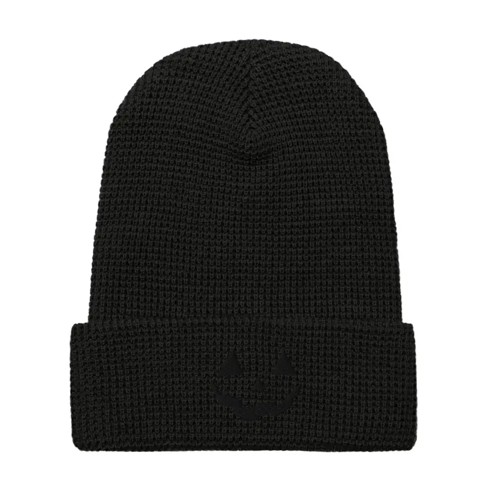 Pumpkin Face - Waffle Beanie Black 100% Acrylic Honeycomb Knit Adjustable Cuff Double Layer for Outdoor Adventures