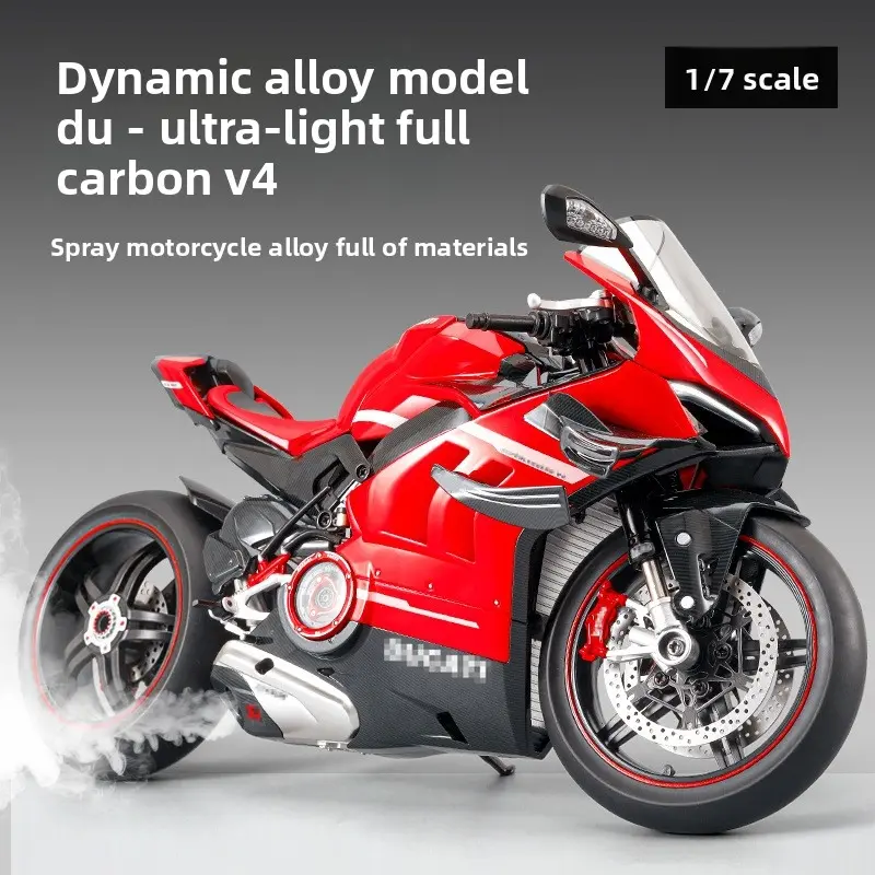 Dynamic alloy motorcycle model, 1:7 ultra-light all-carbon V4, featuring realistic sound and light effects + key start, mechanical linkage design, water spray effect, abundant alloy material construction, suitable for both collection and playing.