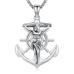 DRINSPER S925 Jesus Christ Crucifix Necklace 925 Sterling Silver Pendant Anchor Design Religious Jewelry Daily Wear Accessory Unisex