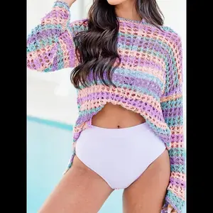 Women’s Colorblock Striped Print Sweater, Casual Long Sleeve Crewneck Jumper for Everyday Wear, Ladies Knitwear for All Seasons