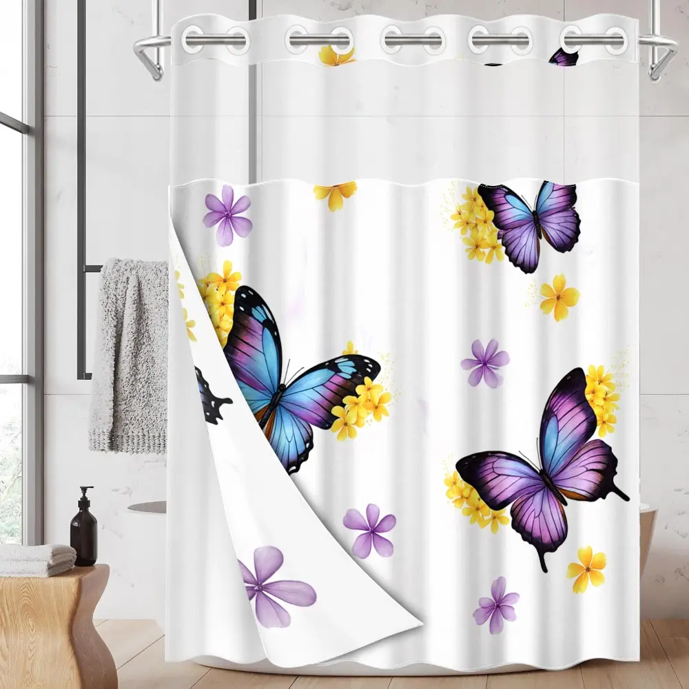 1pc hookless shower curtain with buckle lining, Floral shower curtain, purple and yellow butterfly and flower design, 2D printing, waterproof lining, see-through double-layer, 71 x 74 inches, modern home decoration, Decorative Shower Curtain