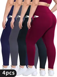 Plus Size High Waist Women's Yoga Pants, 4 Pack Comfortable Sport Slim High Stretch Black Navy Burgundy Grey Yoga Pants