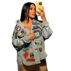Patched Y2K Denim Jacket Full Design - Women's Casual Fitted Long Sleeve Top with Nostalgic Patchwork Style for Everyday WearGift