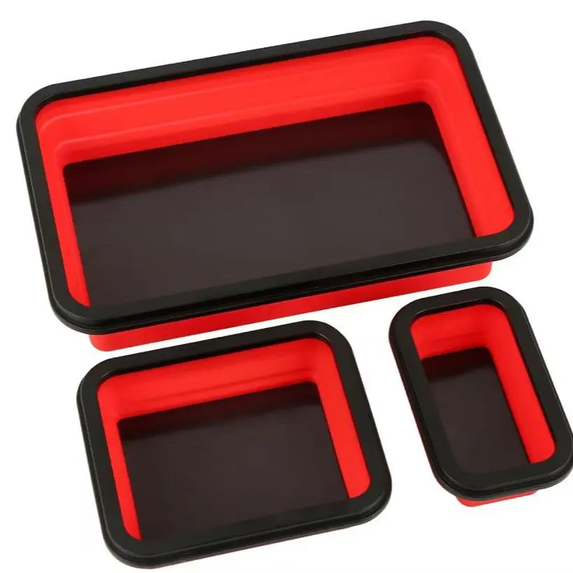 3-Piece Rectangular Silicone Tray Set, Foldable Magnetic Parts Trays for Easy Organization, Durable Magnetic Storage Solution