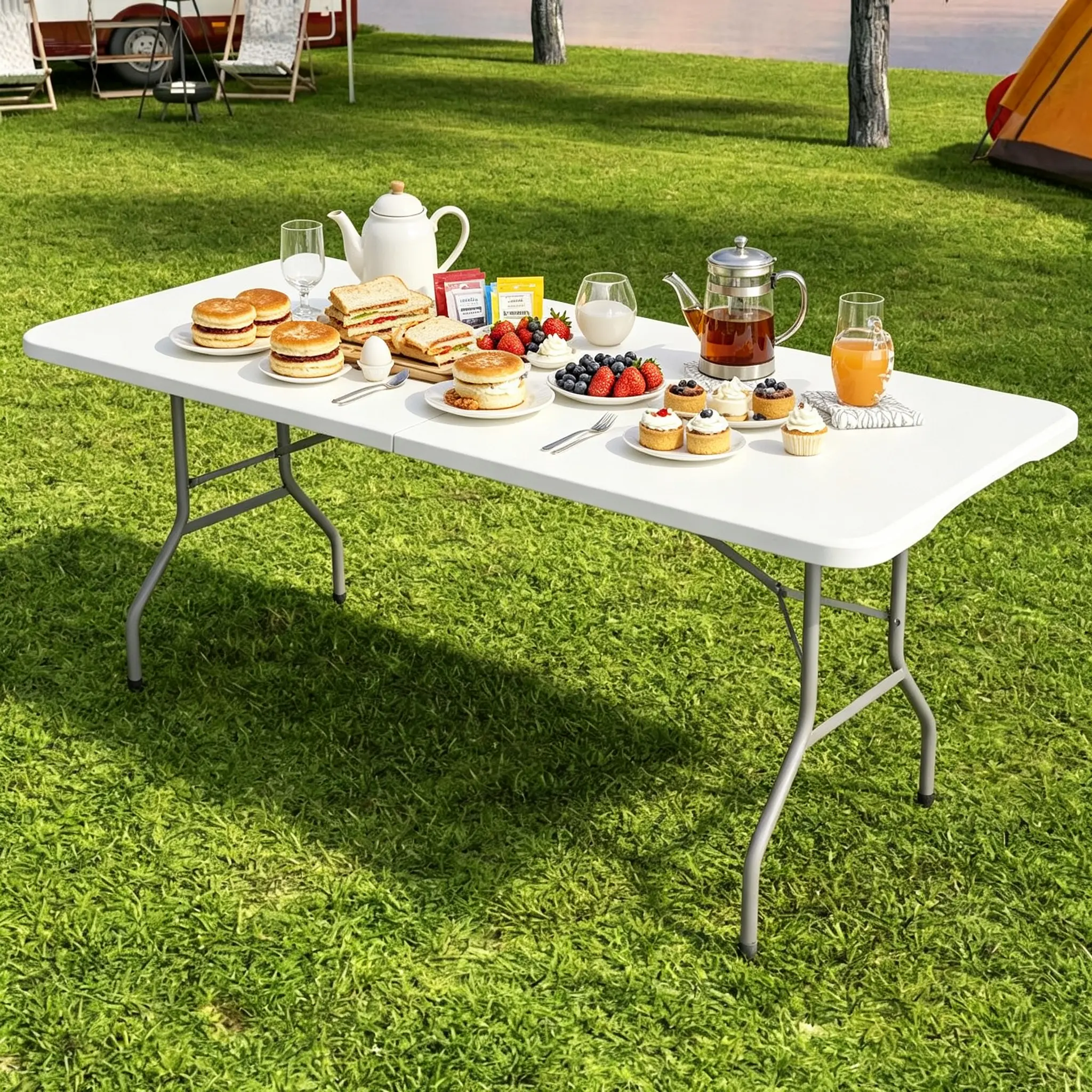 6 FT Foldable Plastic Dining Table, Portable Outdoor Picnic Table with Built-in Carry Handle & Heavy Duty Steel Legs, Multipurpose Table for Parties, Weddings, Camping, Indoor and Outdoor Activities folding