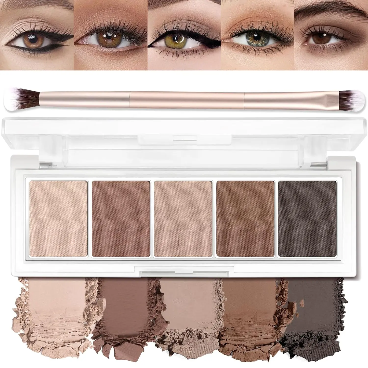 Matte Cool-Toned Cosmetic Eyeshadow Palette (5g Powder, Double-Ended Brush) - Neutral Nude Taupe, Matte Brown, Dark Brown, Green, Blue Shades, Waterproof, Blendable, Natural, All Skin Types, Ideal for Eyes & Cheeks, Green & Blue Eyes
