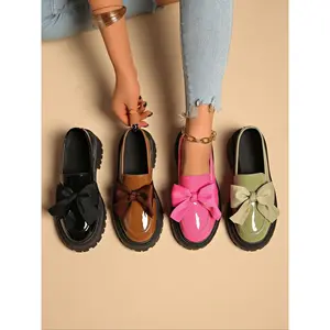 Women's Loafers Thick Sole Chunky Heel-On Rubber Bottom, Casual Fashion Office Business Shoes, Comfortable Daily Wear Bow Design