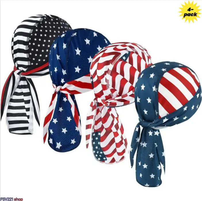 Unisex America Printed Hats 4-Pack, Patriotic Stars and Stripes Mesh Fabric Skull Caps, Quick-Dry Flag Print Headwear for Cycling, Hiking, Memorial Day, Adults, Breathable, Lightweight, National Holidays, One-Size Fits Most campingessentials