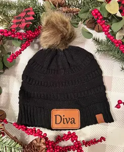 Adult Knit Cap with Customizable Engraved Leather Patch