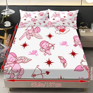 Valentine's Day Theme Angel Cupid Heart Print Bedding Set, High Definition Digital Print Sheet and Pillowcases, Decorative Bedsheet Sets, 100% Polyester