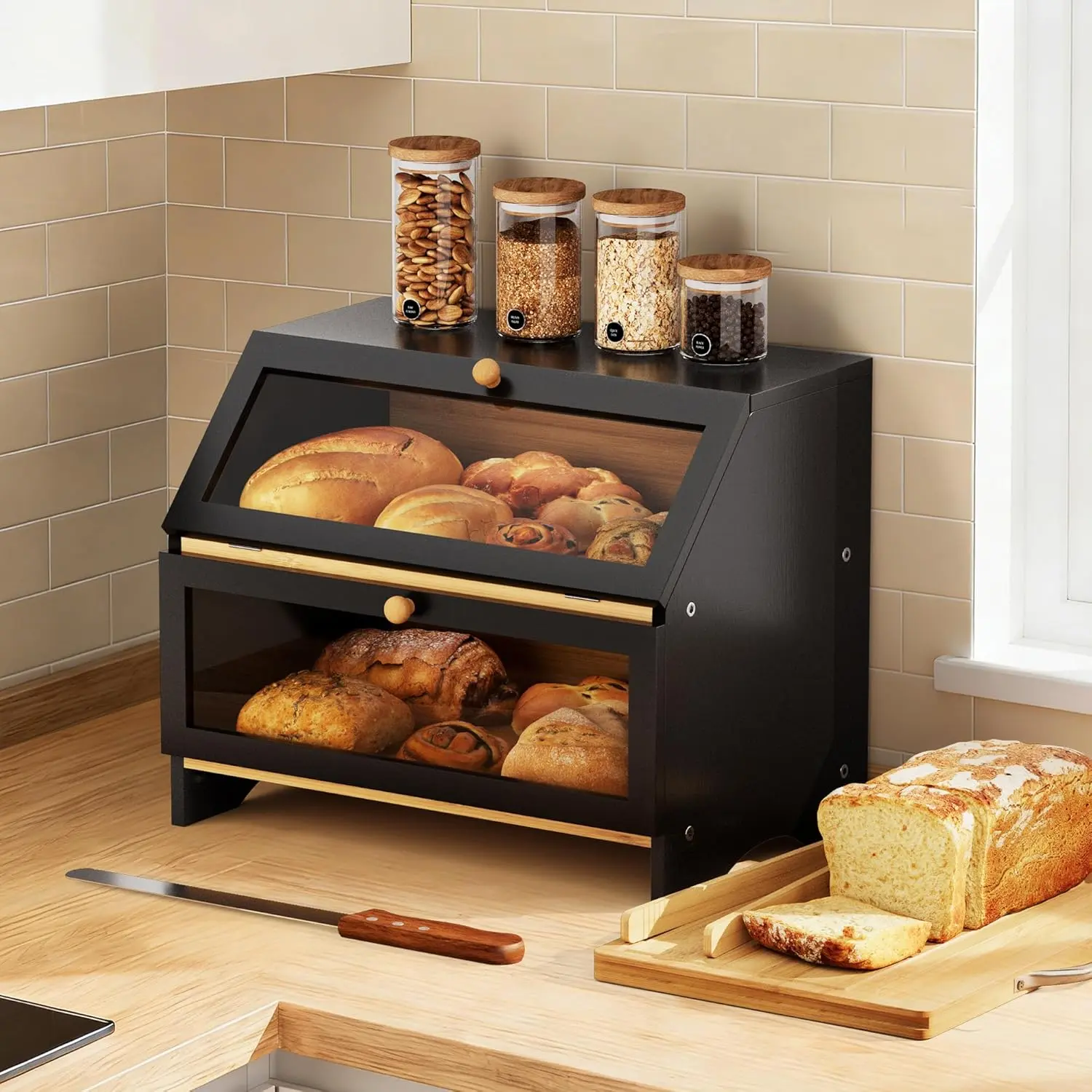 Double Layer Bamboo Bread Box for Kitchen Countertop, Large Capacity, Cutting Board, Stainless Steel Bread Knife, Double Layer Storage Container with Clear Windows, Black