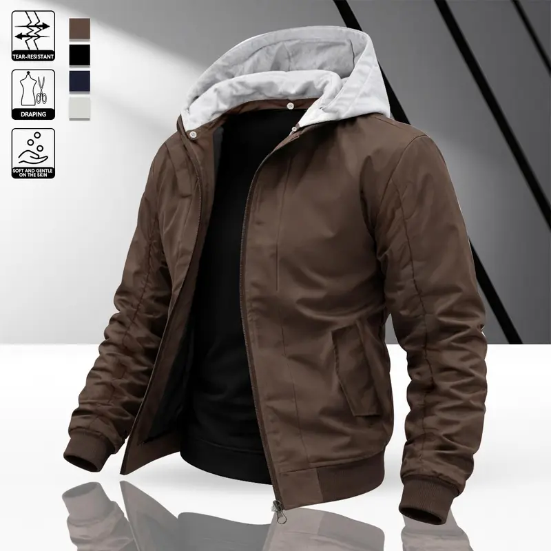 Men's Simple Contrasting Color Hooded Bomber Jacket Delicate Smooth Fabric Three Dimensional Tailoring Trendy Commuting Style Light Social Adaptation Personalized Versatile Model