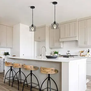 Industrial Mini Metal Cage Pendant Light, Adjustable Wire, Vintage Farmhouse Basket Ceiling Lamp, Kitchen Sink Dining Room Bar