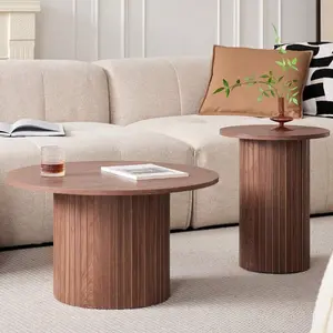 Round Nesting Coffee Tables Set Of 2, Boho Wood Circle Side Table Fluted Drum, Farmhouse End Table For Living Room Bedroom, Apartment