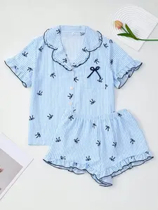 Women's Blue Striped Bow Print Pajamas Set, Short Sleeve Top and Shorts, Elegant Comfortable Loungewear, Button Front, Elastic Waist