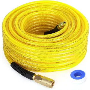 Air Compressor Hose 1/4 Inch x 100  Reinforced Polyurethane (PU) Air Hose with Fittings, Bend Restrictors, 1/4" Industrial Quick Coupler and Plug Kit, Yellow