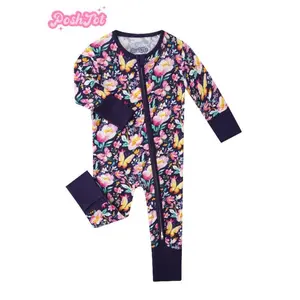 POSHTO Bamboo Fiber Baby Long Sleeve. Baby Pajamas Two-way Zipper 0-2 Years Romper. Baby Jumpsuit. Floral Print Sleepwear