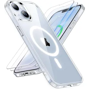Designed for iPhone 16 15 14 13 12 11 Case, iPhone 17 Clear Cellphone Case Magnetic Compatible with Magsafe and 2 x Screen Protector Anti Yellowing Ultra Slim Thin Protective Shockproof Clear Back Phone Case Cover