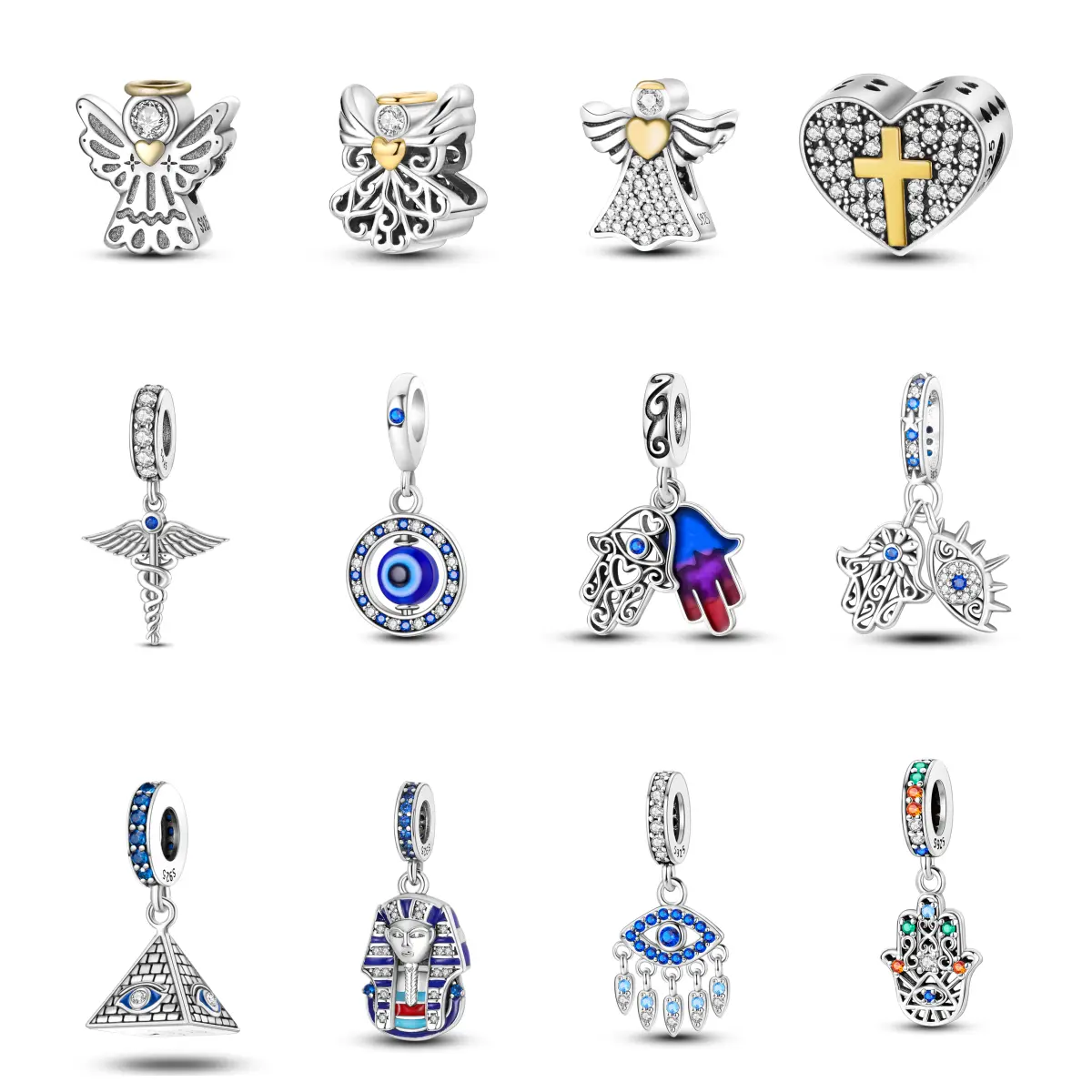 MULA Sacred Symbols Collection 925 Silver-Plated Charm Beads & Platinum-Plated Zirconia Cross Pendant Necklace, Unisex Durable DIY Jewelry Compatible with Major Brands, Religious Ceremony Gift for Pandora Bracelets, Religion, Personalized Jewelry, Elegant