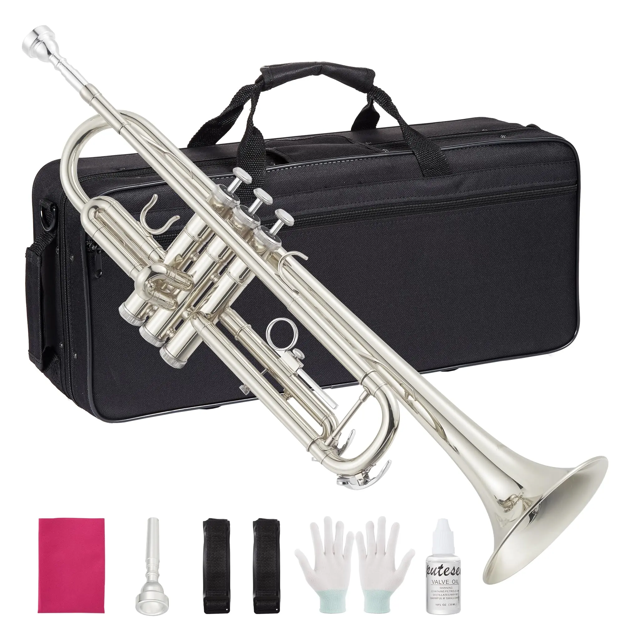 Professional Standard Nickel-Plated Brass Trumpet Beginner Set for Kids, Unisex Students - 7C Comfortable Mouthpiece, Hard Case, Cleaning Kit, Gloves, Polishing Cloth, Beginners