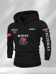 Men's Norwegian Style Casual Hoodie, Soft Warm Lining, Fitted Letter Pattern, Perfect for Leisure Sports, Fall & Winter Fashion
