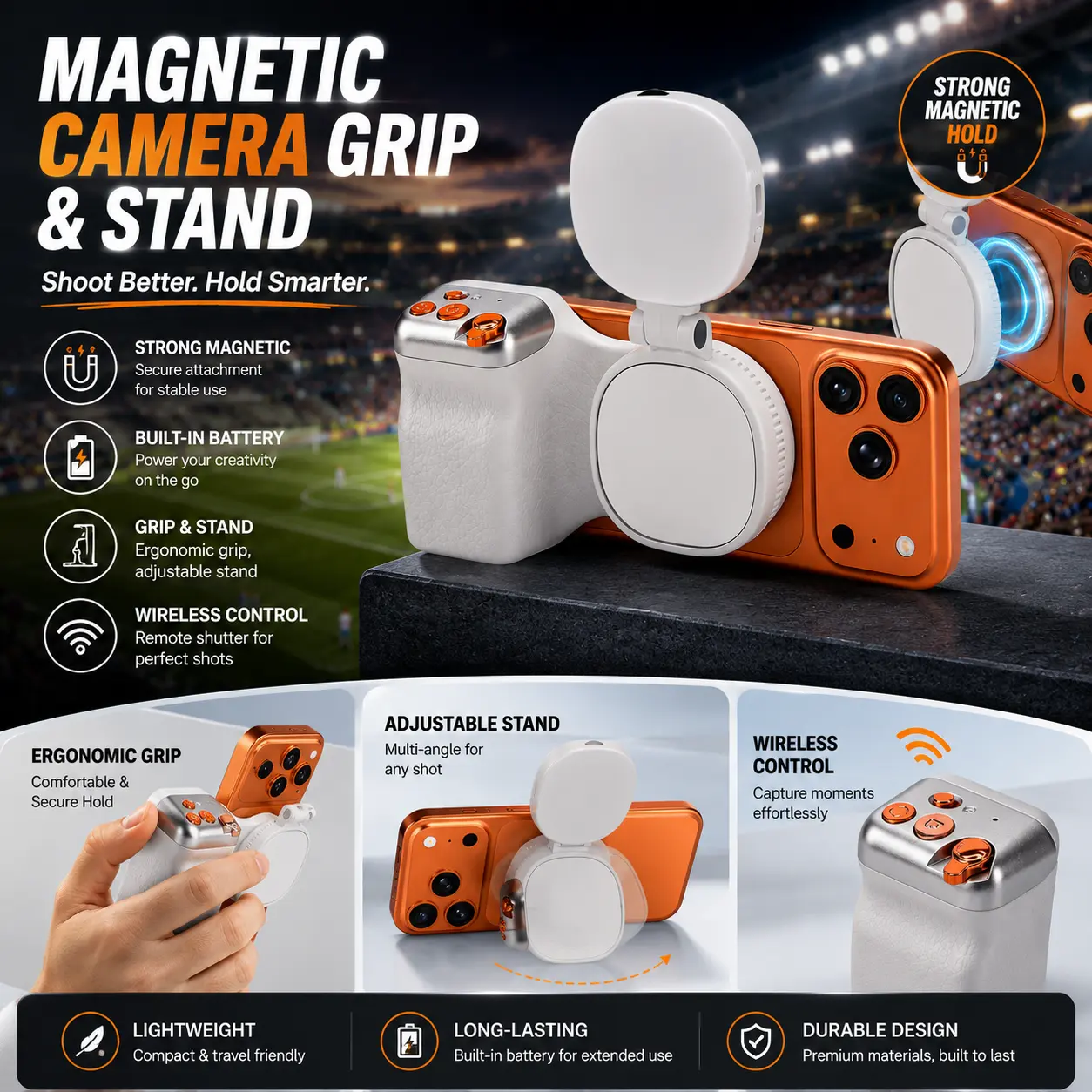 Silver Fun Shot Kit - New Cellphone Magnetic Camera Grip, Wireless Magnetic LED Ring Light, Compact Mobile Mount, 360-Degree Rotatable Tripod Stick with Remote, Compatible with iPhone & Android for Creators, Selfie Led Lights, Cordless