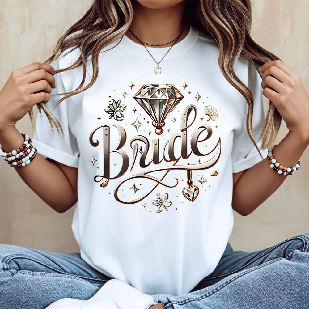 Diamond Bride With Floral And Sparkle Design T Shirt Women Casual Short Sleeve Round Neck White Top For Wedding Party Celebration