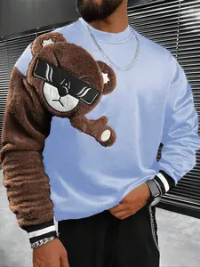 Men's Solid Color Cartoon Bear Fluffy Embroidered Sweatshirt, Spring & Fall Round Neck Pullover, Casual Fashion Sportswear, Christmas Gift