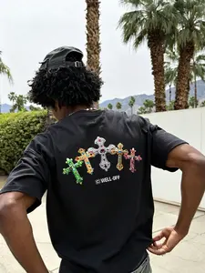 Dark Hip-Hop Style Colorful Gem Cross T-Shirt, Unisex Short Sleeve Casual Top, Loose-Fitting Long T-Shirt for Men and Women