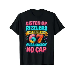 Men's Oversized 6/7/67 Meme T-Shirt - Listen Up Rizzlers 6 & 7 Aura Energy Print, No Cap Casual Loose Fit Round Neck Streetwear, White with Black Number Design for Year-Round Wear