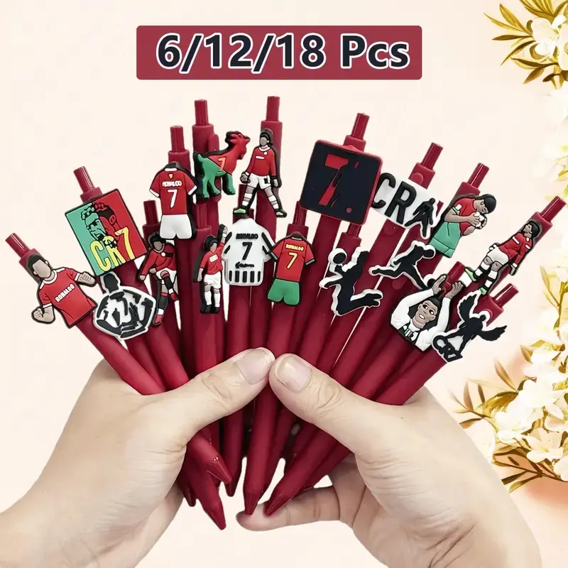 6/12/18pcs Vibrant Red series soccer Football pens, Soccer Pens Set, CR7-shaped ballpoint pens for soccer fans, soccer-themed gift pens, student party gifts, gifts for soccer enthusiasts, Novelty Pens