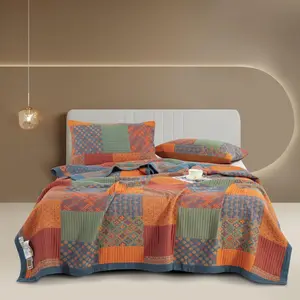 100% Cotton Muslin Blanket Jacquard Rustic Orange Bohemian Plaid Patchwork Floral Quilt Soft 3 Layers Gauzy Reversible Bedspread Coverlet Full/Queen(78"x94") No Pillow Sham